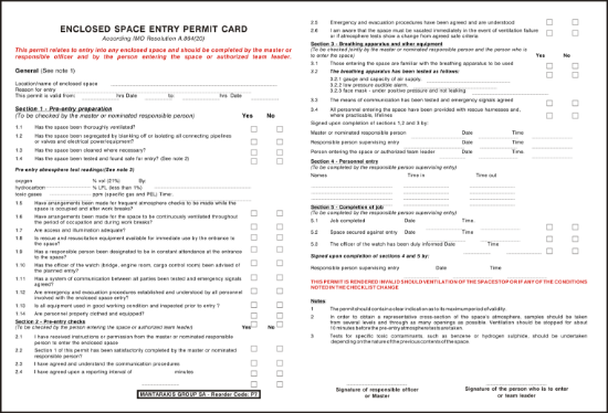 Picture of Enclosed Space Entry Permit Card 19x14